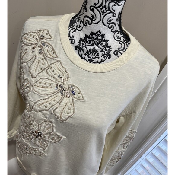Anthropologie Floral Embroidery/Beaded Sweatshirt Womens S Beige Shimmer Holiday - Picture 3 of 14